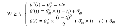 \boxed { \quad \forall t \geq t_i, \, \left \{ \begin{array}{l} \theta''(t) = \theta''_{i0} = cte \\ \theta'(t) = \theta''_{i0} \times (t-t_i)+\theta'_{i0} \\ \theta(t) = \theta''_{i0} \times \frac{(t-t_i)^2}{2}+ \theta'_{i0} \times (t-t_i)+\theta_{i0} \quad \end{array} \right . \quad}